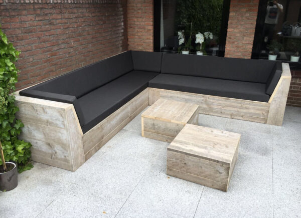 Steigerhouten hoekbank met schuine arm/ open